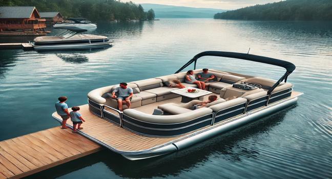 A luxury pontoon boat with a family enjoying the view on a peaceful lake, ideal for a relaxing day rental experience