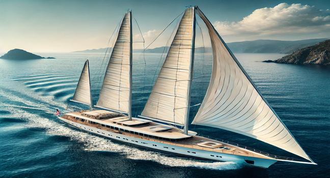 A graceful sailing yacht with white sails gliding over tranquil seas, showcasing boat charter luxury at its best