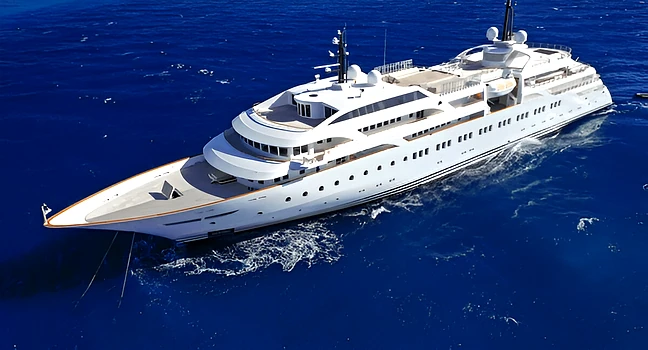 Sleek luxury 50 meter yacht with panoramic decks cruising in deep blue waters