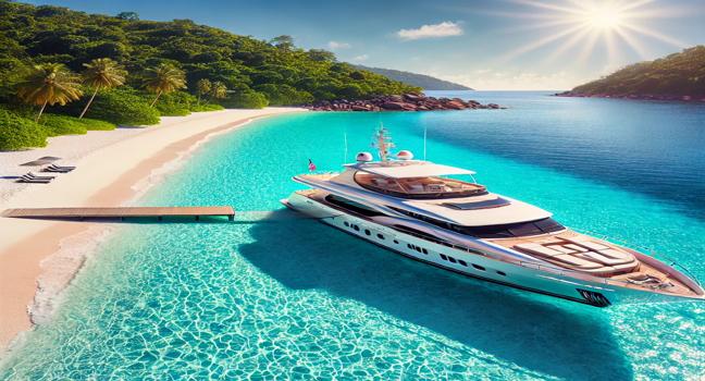 A luxury yacht anchored near a sandy beach with turquoise waters, surrounded by lush greenery, perfect for relaxation