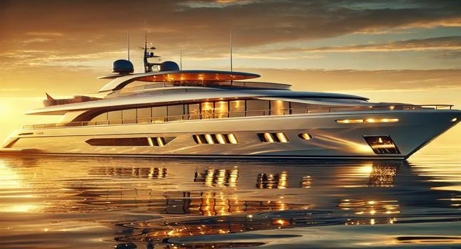 A modern luxury yacht cruising at sunset with golden reflections on calm waters, creating a serene and elegant scene