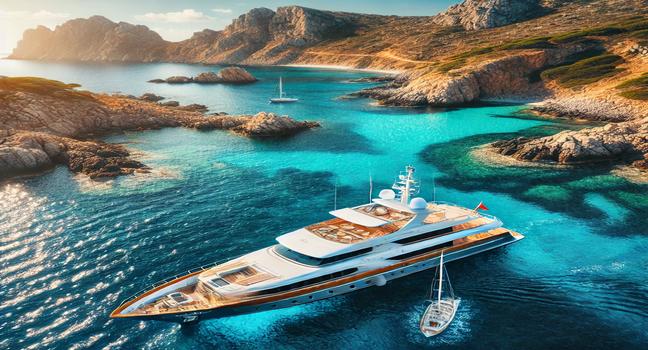 A luxury yacht anchored near a scenic coastal area with crystal-clear blue water, rocky cliffs, and a sunny sky, ideal for boats near me adventures