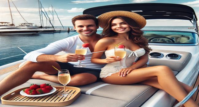 A luxury yacht rental featuring a romantic couple enjoying a sunny day with drinks, perfect for a special escape on the water