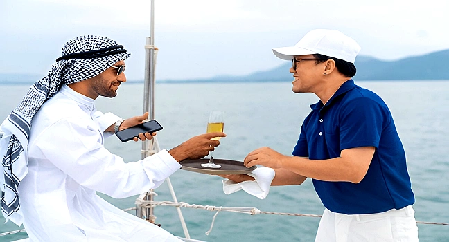 A smiling guest enjoys luxury champagne service aboard a private yacht at sea