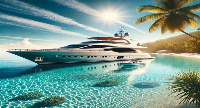 A luxury yacht anchored in a serene coastal area with crystal-clear water and a bright sunny sky, perfect for showcasing premium boat ownership