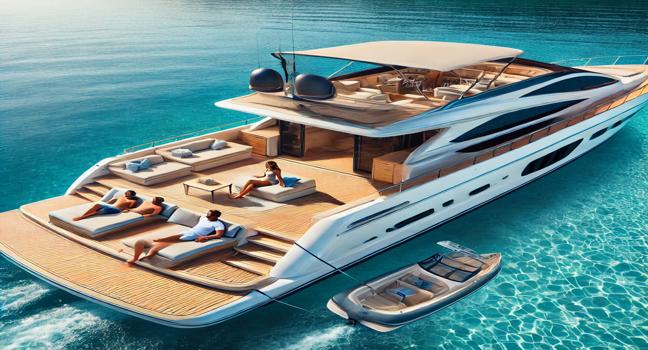 A luxury yacht on serene blue water, featuring a small family relaxing on the deck, ideal for a premium boating charter experience