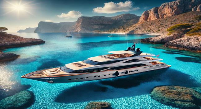 A luxury yacht anchored near a coastal area with crystal-clear blue water, rocky cliffs, and a bright sunny sky, perfect for boating near me adventures