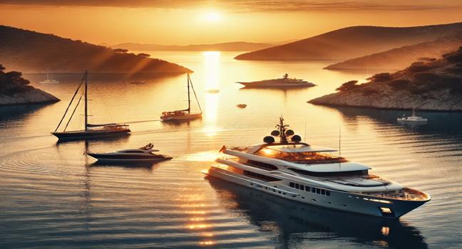 A luxury yacht and a cafe yacht share a tranquil bay at sunset, with golden light reflecting on calm waters