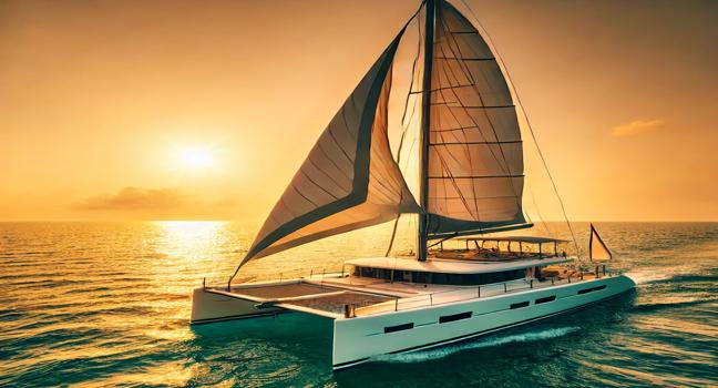 A stunning catamaran sailing through calm turquoise waters during a golden sunset, showcasing elegance and comfort for relaxation and romantic adventures