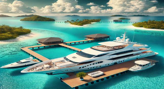 A stunning white yacht docked at a private pier surrounded by turquoise waters and small islands