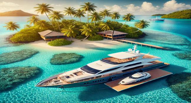 A luxurious yacht anchored in crystal-clear waters near a beautiful tropical island with lush palm trees