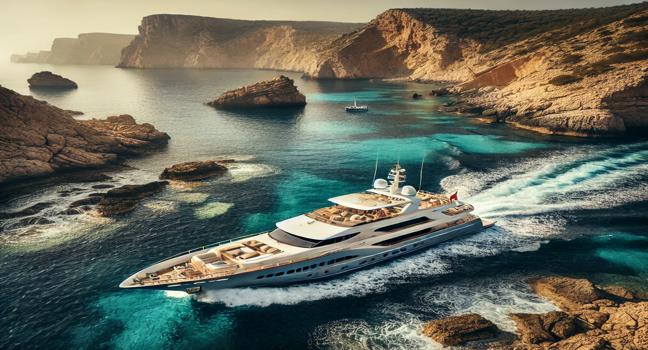 A luxury yacht cruising near a rocky coastline with clear waters and scenic cliffs, highlighting the adventure of luxury yachts