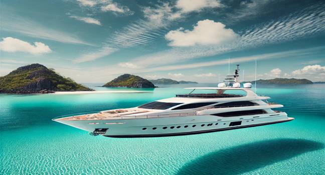 A luxury yacht sailing smoothly in calm turquoise waters under a clear blue sky