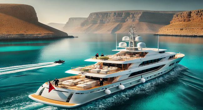 A luxury yacht cruising through calm turquoise waters with a visible crew performing service duties. Stunning coastal cliffs in the background