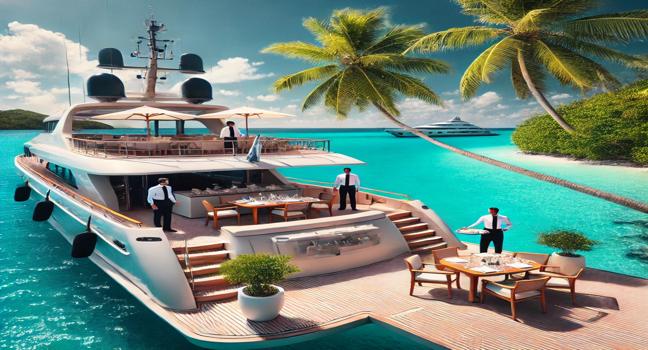 A luxury yacht anchored near a tropical island, with crew serving guests on deck. Palm trees, turquoise waters, and sunny skies set the scene