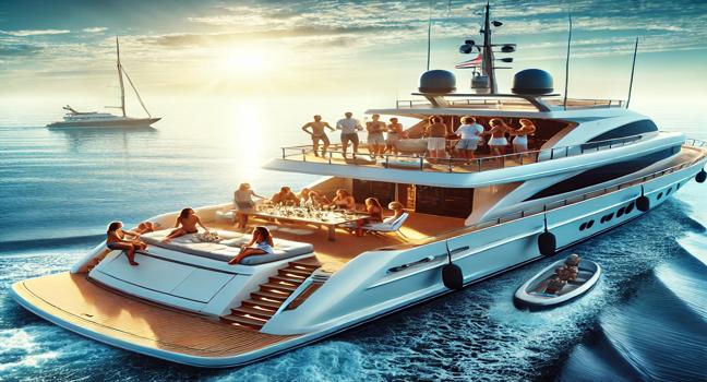 A luxury yacht with friends enjoying a party on the deck under clear skies, emphasizing fun and elegance