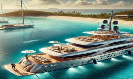 Luxurious yacht near a coastline with crew on deck, showcasing elegance, turquoise waters, and sunny skies