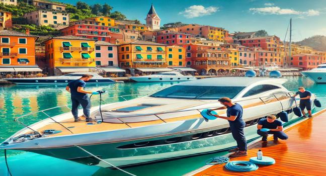 A docked vessel at a colorful harbor with a lively seaside backdrop