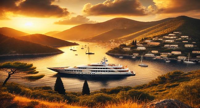 A luxury yacht anchored in a serene bay surrounded by lush green hills under a golden sunset, showcasing peace and exclusivity