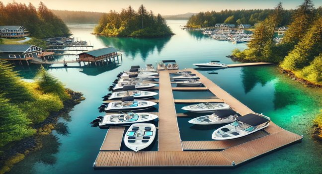 A beautiful dock with boats ready for rental, surrounded by lush greenery and calm waters, highlighting the convenience of marinas boat rentals near me