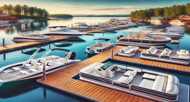 A picturesque marina showcasing center console and pontoon boats available for rental, surrounded by calm waters and clear skies. Perfect for illustrating boat rentals near me