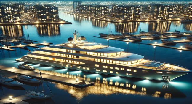 A luxury yacht docked in a glowing marina at night