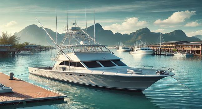 A modern fishing boat docked near a scenic harbor, surrounded by clear skies and blue water, showcasing practical boat ownership for enthusiasts