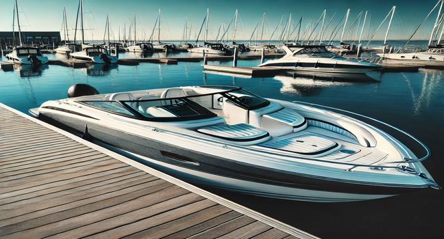 Discover a modern motorboat docked at a marina, with blue water and clear skies in the background, perfect for showcasing the best boats and boating options