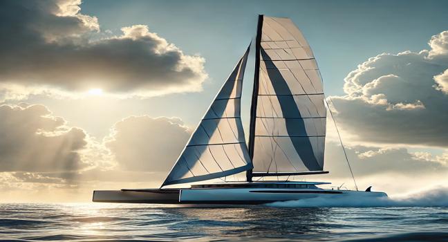 A sleek sail catamaran racing across open waters, designed for high performance and catamaran sports, with large sails catching the wind under a bright sky