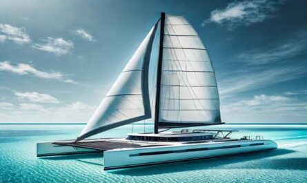 A sleek sail catamaran showcasing its dual hulls and spacious deck, perfect for high-speed sailing and shallow water exploration