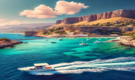 A motorboat cruising through the clear blue waters of Rhodes, Greece, with stunning cliffs and a bright Mediterranean sky