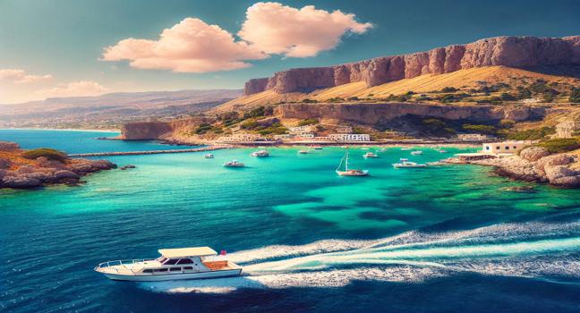 A motorboat cruising through the clear blue waters of Rhodes, Greece, with stunning cliffs and a bright Mediterranean sky