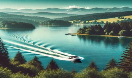 A motorboat cruising across a serene lake, surrounded by lush greenery and clear blue skies, perfect for a boating near me experience