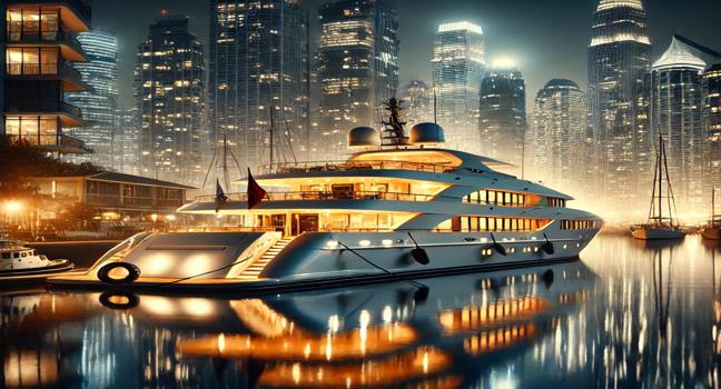 A luxury yacht docked in a glowing marina at night, highlighting sophistication and exclusivity