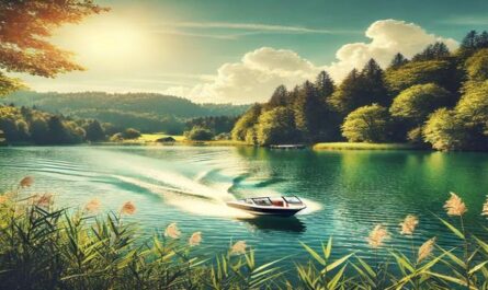 A serene lake scene with a motorboat cruising under sunny skies, surrounded by lush greenery, perfect for boats near me adventures