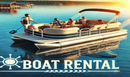 A family enjoying a sunny day on a pontoon boat rental, gliding across calm blue water, showcasing a relaxing boat rental service