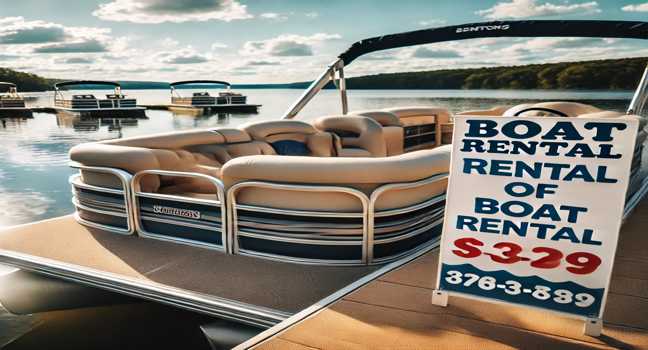 A close-up view of a family-friendly pontoon boat docked by calm waters, promoting rental of boats and boat rental services under sunny skies