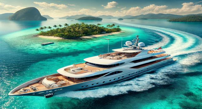 A luxurious yacht cruising in turquoise waters near a tropical island under clear blue skies, showcasing the allure of luxury yachts and adventure on the open sea