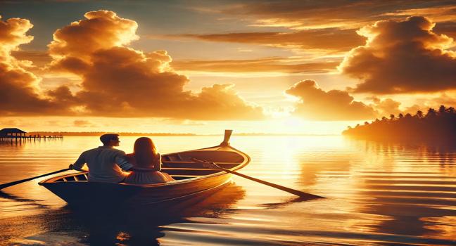 A couple enjoying a romantic boat ride on calm waters during sunset, with golden skies and tranquil surroundings, showcasing the elegance of boat hire services