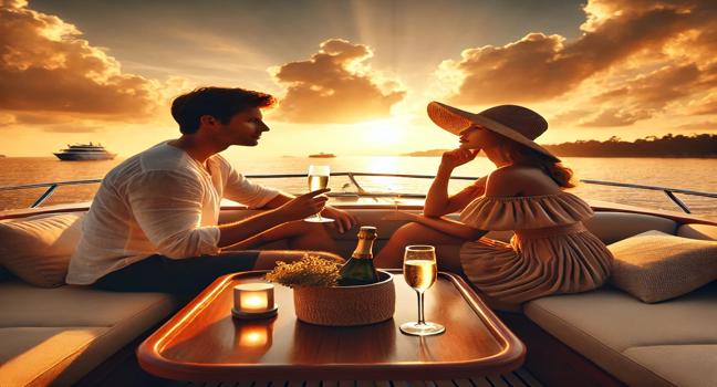 A romantic couple enjoying a cozy boat charter at sunset, complete with sparkling wine and a golden horizon, perfect for special occasions