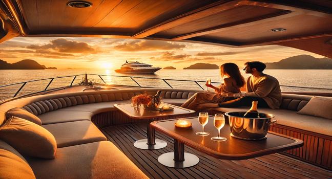 A romantic sunset experience on a luxury boat charter, featuring a couple enjoying cozy seating, sparkling wine, and a golden horizon over calm waters