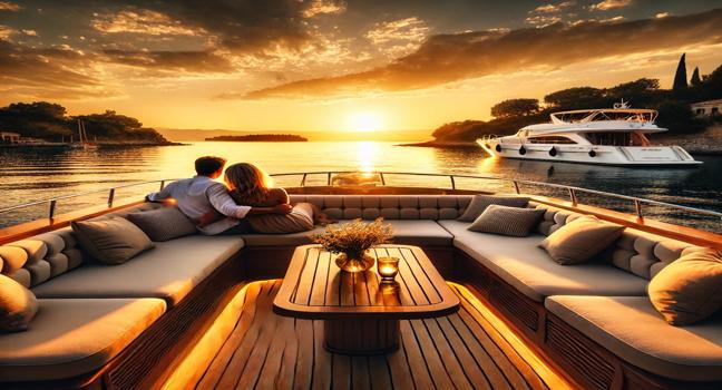 A romantic couple enjoying a cozy sunset boat charter, with golden water reflections and serene surroundings, perfect for special moments