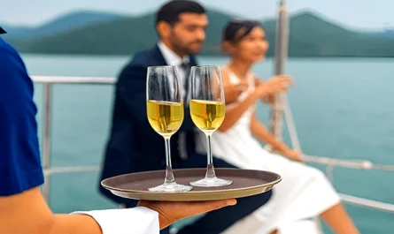 A romantic couple celebrates with champagne on a luxury yacht at sea