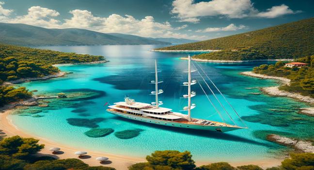 A luxurious sailing yacht anchored near a secluded Greek beach, surrounded by turquoise waters and lush greenery