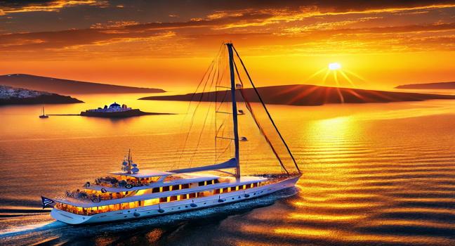 A sailing yacht cruises under a vivid sunset in the Aegean Sea, with golden reflections on the calm waters