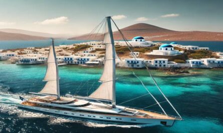 A luxurious sailing yacht glides through crystal-clear waters near a Greek island with whitewashed buildings and blue domes