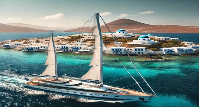 A luxurious sailing yacht glides through crystal-clear waters near a Greek island with whitewashed buildings and blue domes