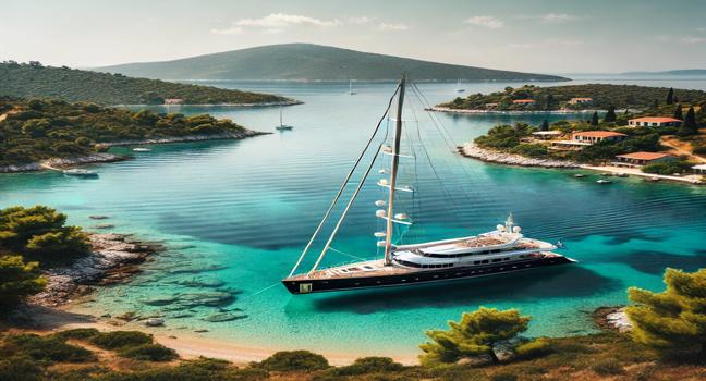 A sleek sailing yacht anchored in a quiet Ionian Sea cove, surrounded by lush greenery and turquoise waters