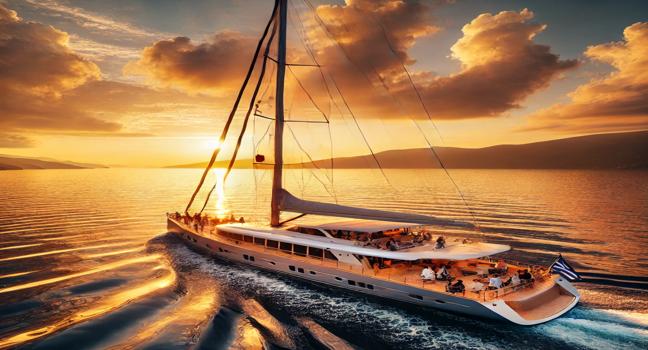 A modern sailing yacht gliding across the calm Ionian Seas during a vibrant sunset, with golden hues reflecting on the water and passengers enjoying the serene atmosphere