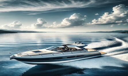 A sleek motorboat cruising on calm blue waters under clear skies, representing the joy of owning and exploring with a boat